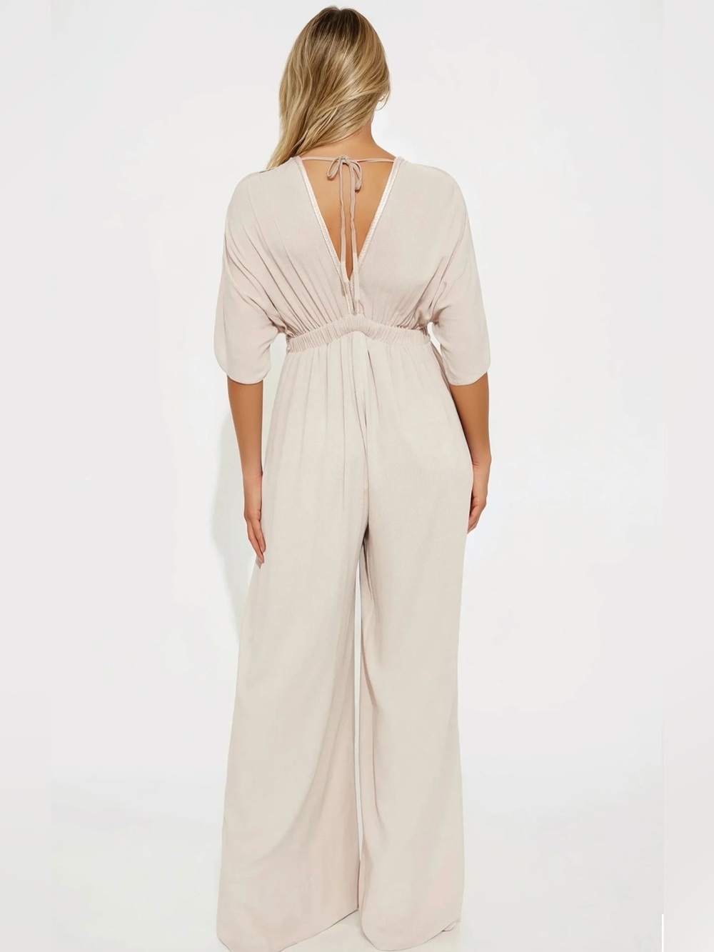 Wide-Leg V-Neck Jumpsuit in Light Beige - Picture 3 of 11